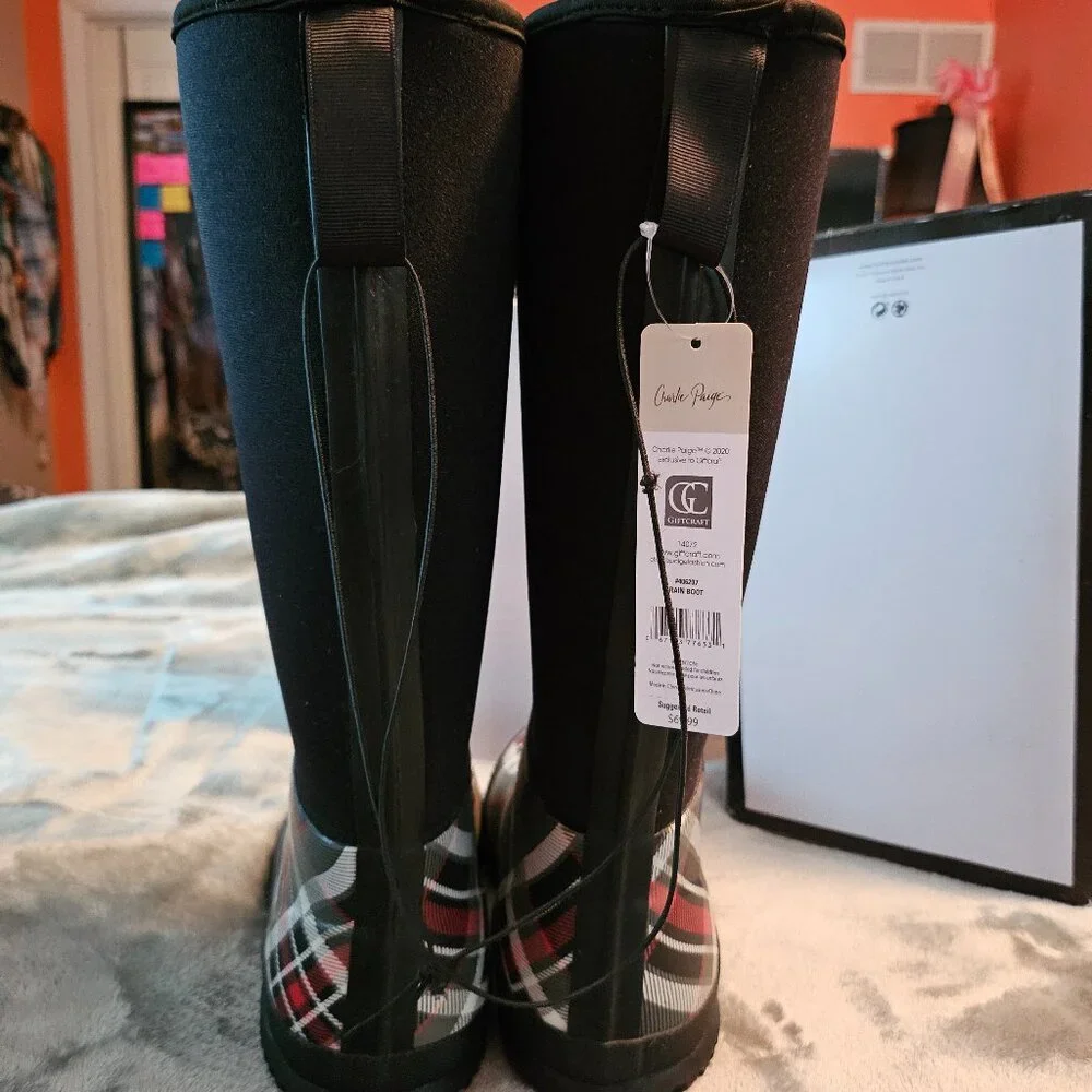 Charlie Paige Black and Plaid Tall Rain Boots